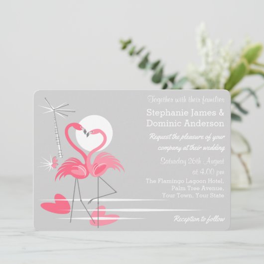 Flamingo Love bruiloft-uitnodiginglandschap Kaart (Staand voorkant)