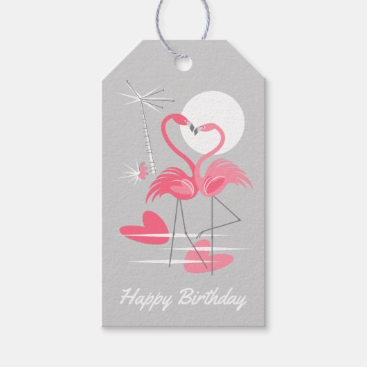 Flamingo Love Happy Birthday Grey back gift labels Cadeaulabel (Voorkant)