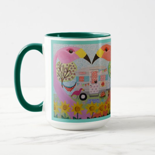 Flamingo Love in Trailer Folk Art in Green Mok (Links)