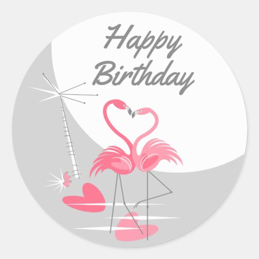 Flamingo Love Large Moon Happy Birthday round Ronde Sticker (Voorkant)