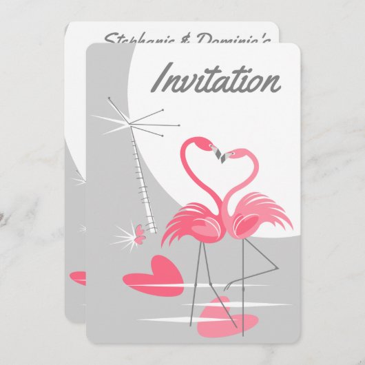 Flamingo Love Large Moon Invitation vertical Kaart (Voorkant / Achterkant)