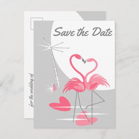 Flamingo Love Large Moon Save Date text vertical Aankondigingskaart (Voorkant / Achterkant)
