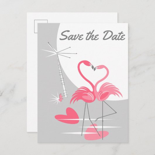 Flamingo Love Large Moon Save the Date briefkaart (Voorkant / Achterkant)