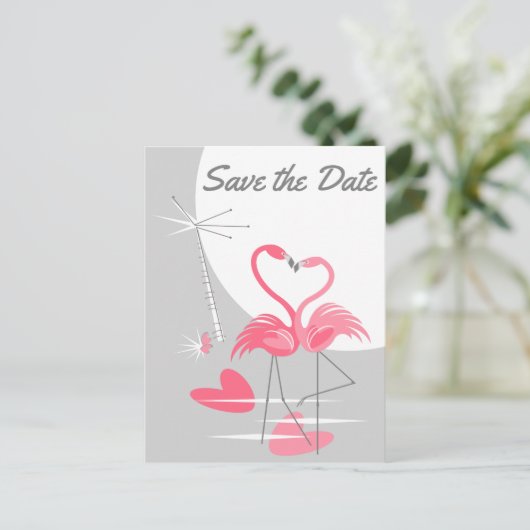 Flamingo Love Large Moon Save the Date briefkaart (Staand voorkant)