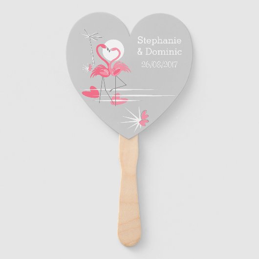 Flamingo Love Names Dates hand fan hart Handwaaier (Achterkant)