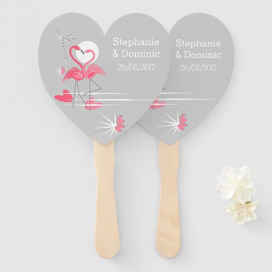 Flamingo Love Names Dates hand fan hart Handwaaier (Voorkant en achterkant)