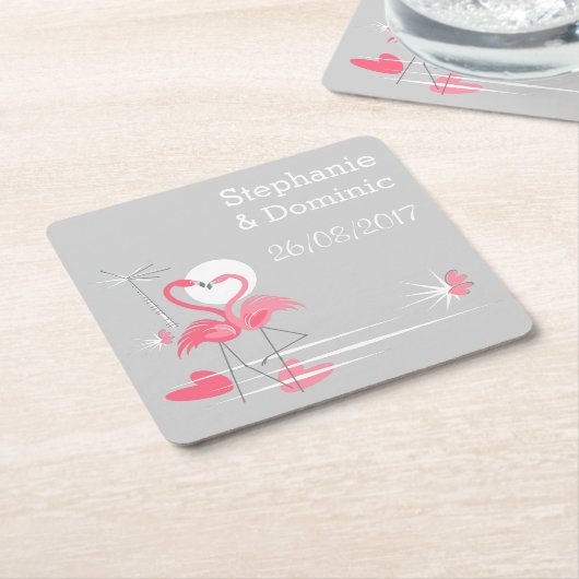 Flamingo Love Names Datum onderzetter plein (Schuin)