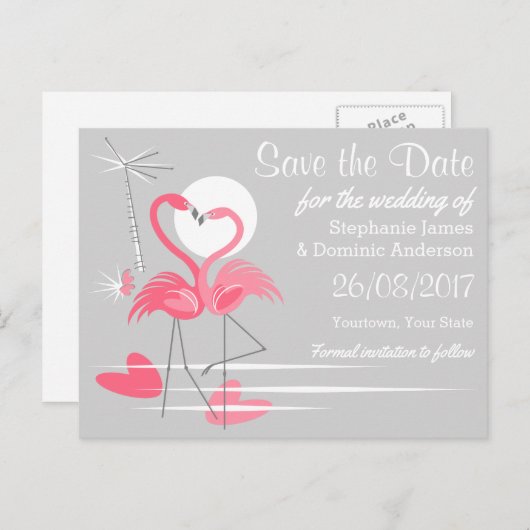 Flamingo Love Save the Date briefkaart landscape (Voorkant / Achterkant)