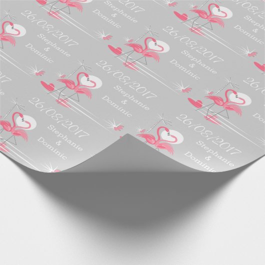 Flamingo Love Side Date Names wrapping paper Cadeaupapier (Hoek)
