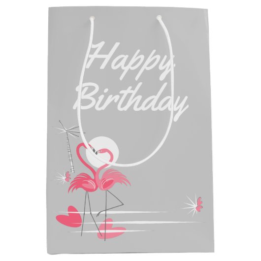 Flamingo Love Side Happy Birthday medium Cadeauzakje (Voorkant)