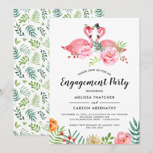 Flamingo Love | Waterverf Floral Engagement Party Kaart (Voorkant / Achterkant)