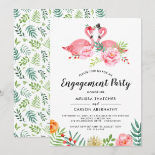 Flamingo Love Waterverf Floral Engagement Party Kaart