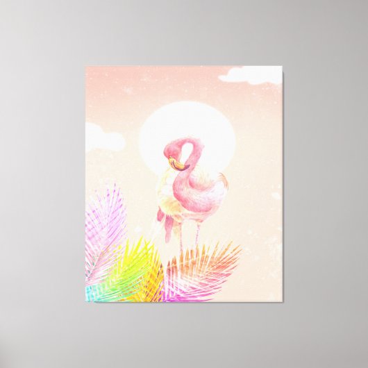 Flamingo Lovers | Flamingo Bird met bladeren Canvas Afdruk (Voorkant)