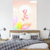 Flamingo Lovers | Flamingo Bird met bladeren Canvas Afdruk (Insitu (Slaapkamer))