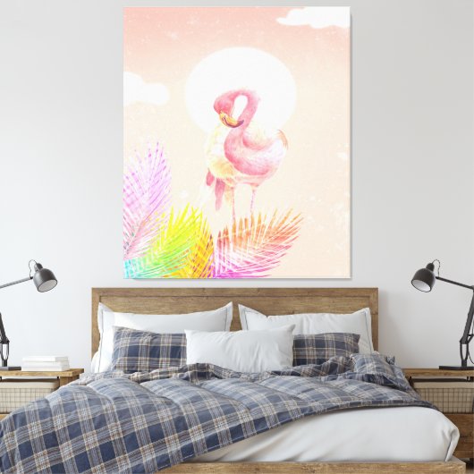 Flamingo Lovers | Flamingo Bird met bladeren Canvas Afdruk (Insitu (Slaapkamer))
