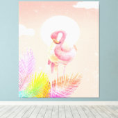 Flamingo Lovers | Flamingo Bird met bladeren Canvas Afdruk (Insitu (Houten vloer))
