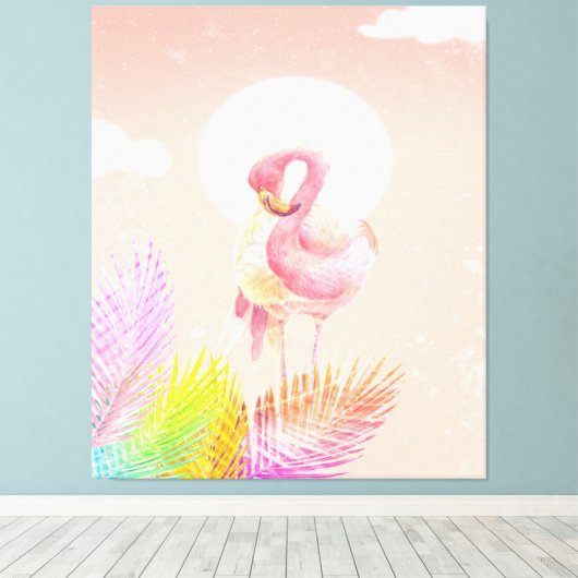 Flamingo Lovers | Flamingo Bird met bladeren Canvas Afdruk (Insitu (Houten vloer))