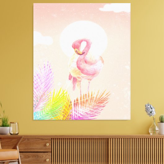 Flamingo Lovers | Flamingo Bird met bladeren Canvas Afdruk (Insitu (Woonkamer))