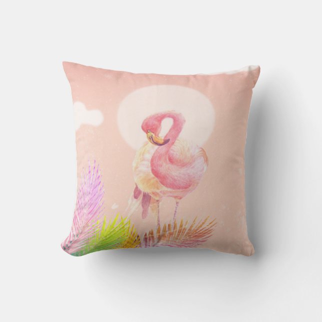 Flamingo Lovers | Flamingo Bird met bladeren Kussen (Voorkant)