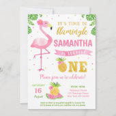 Flamingo Luau First 1st Birthday Party Invitations Kaart (Voorkant)