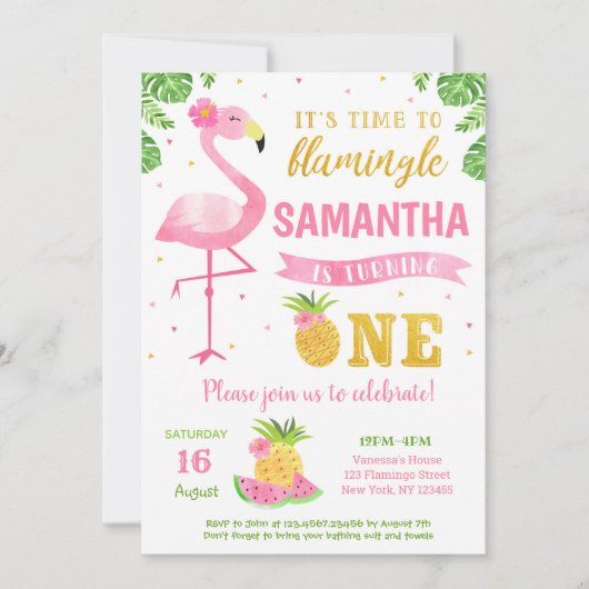 Flamingo Luau First 1st Birthday Party Invitations Kaart (Voorkant)