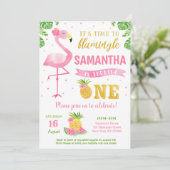 Flamingo Luau First 1st Birthday Party Invitations Kaart (Staand voorkant)