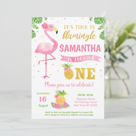 Flamingo Luau First 1st Birthday Party Invitations Kaart (Staand voorkant)