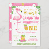 Flamingo Luau First 1st Birthday Party Invitations Kaart (Voorkant / Achterkant)