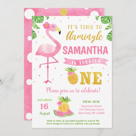 Flamingo Luau First 1st Birthday Party Invitations Kaart (Voorkant / Achterkant)