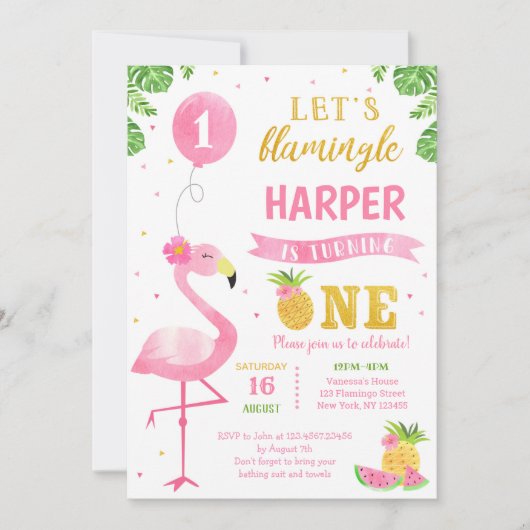 Flamingo Luau First 1st Birthday Party Invitations Kaart (Voorkant)