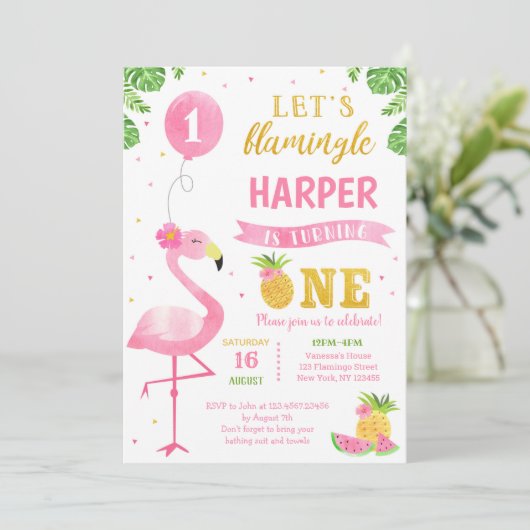 Flamingo Luau First 1st Birthday Party Invitations Kaart (Staand voorkant)