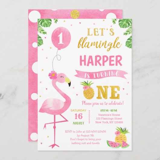 Flamingo Luau First 1st Birthday Party Invitations Kaart (Voorkant / Achterkant)