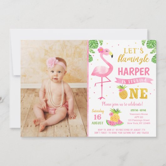 Flamingo Luau First 1st Birthday Party Invitations Kaart (Voorkant)