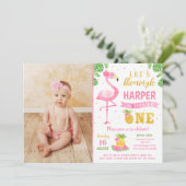 Flamingo Luau First 1st Birthday Party Invitations Kaart (Staand voorkant)