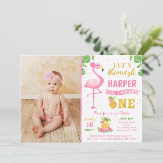 Flamingo Luau First 1st Birthday Party Invitations Kaart (Staand voorkant)