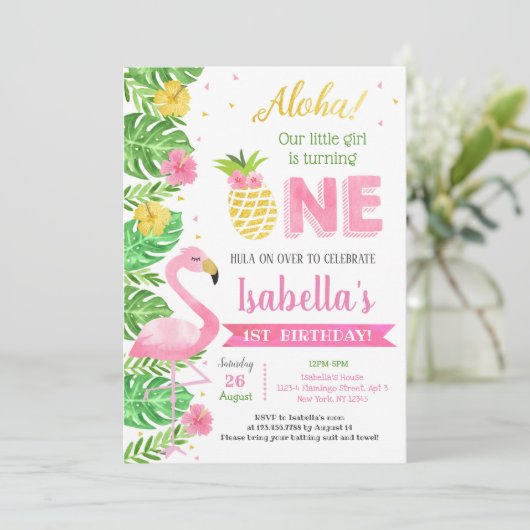 Flamingo Luau Tropical 1st Birthday Invitation Kaart (Staand voorkant)