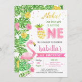 Flamingo Luau Tropical 1st Birthday Invitation Kaart (Voorkant / Achterkant)