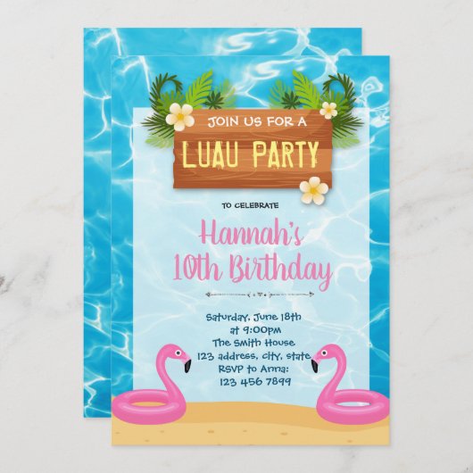 Flamingo Luau verjaardagsfeestje uitnodiging (Voorkant / Achterkant)