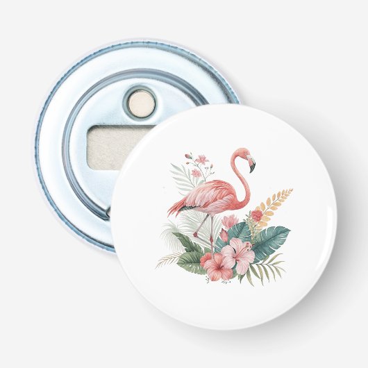 Flamingo Met Bloemen Button Flesopener (Voorkant)