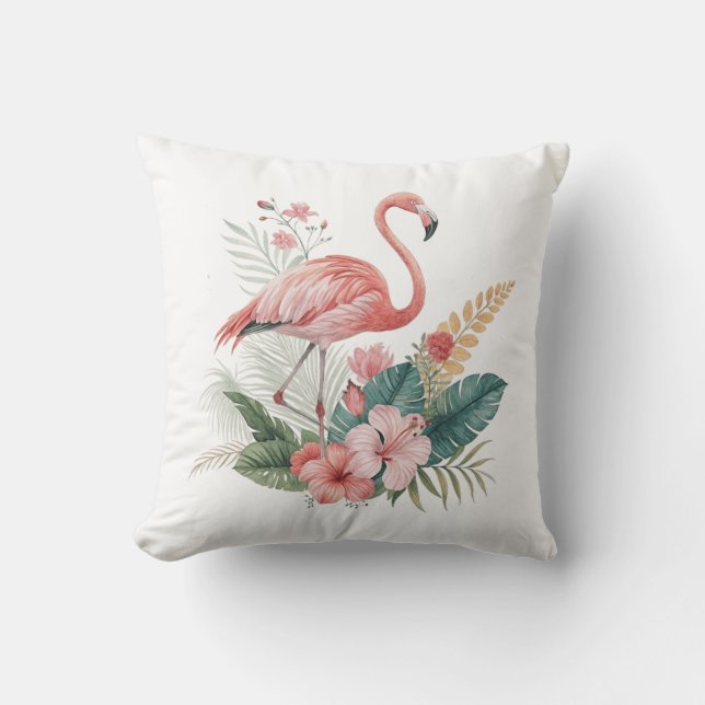 Flamingo Met Bloemen Kussen (Voorkant)