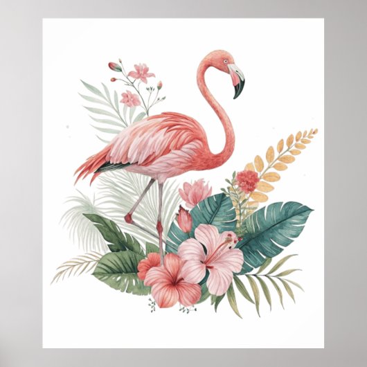 Flamingo Met Bloemen Poster (Voorkant)