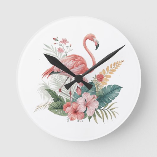 Flamingo Met Bloemen Ronde Klok (Voorkant)