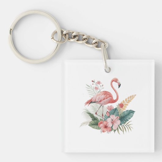 Flamingo Met Bloemen Sleutelhanger (voorkant)