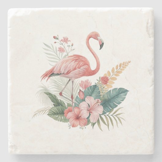 Flamingo Met Bloemen Stenen Onderzetter (Voorkant)