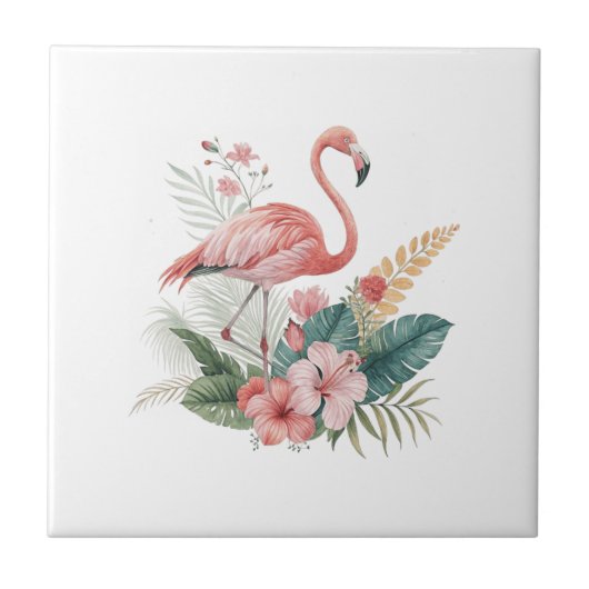 Flamingo Met Bloemen Tegeltje (Voorkant)