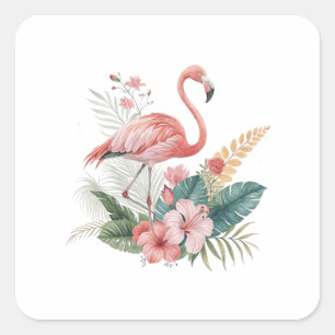 Flamingo Met Bloemen Vierkante Sticker