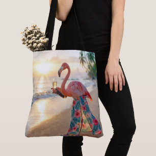 Flamingo Met Champagne Op Een Strand Tote Bag