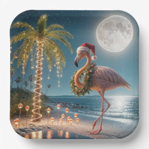Flamingo met een kerstkrans papieren bordje