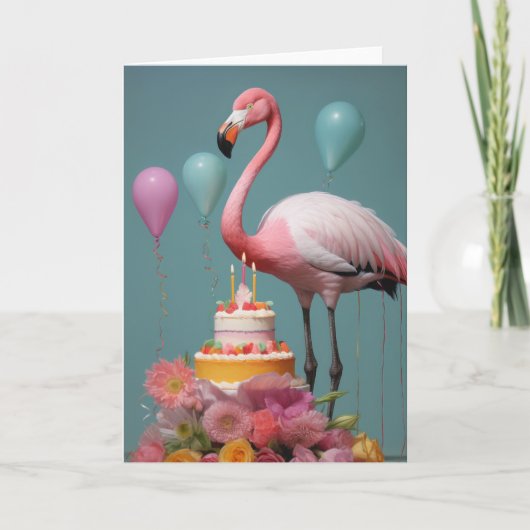 Flamingo met een verjaardagstaart - Kaart (Voorkant)