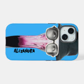 Flamingo met funky bril, uniek dier iPhone 15 case (Achterkant horizontaal)